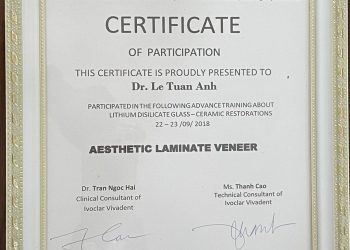 Certificate: International Standard Porcelain Veneer Dental Restoration.